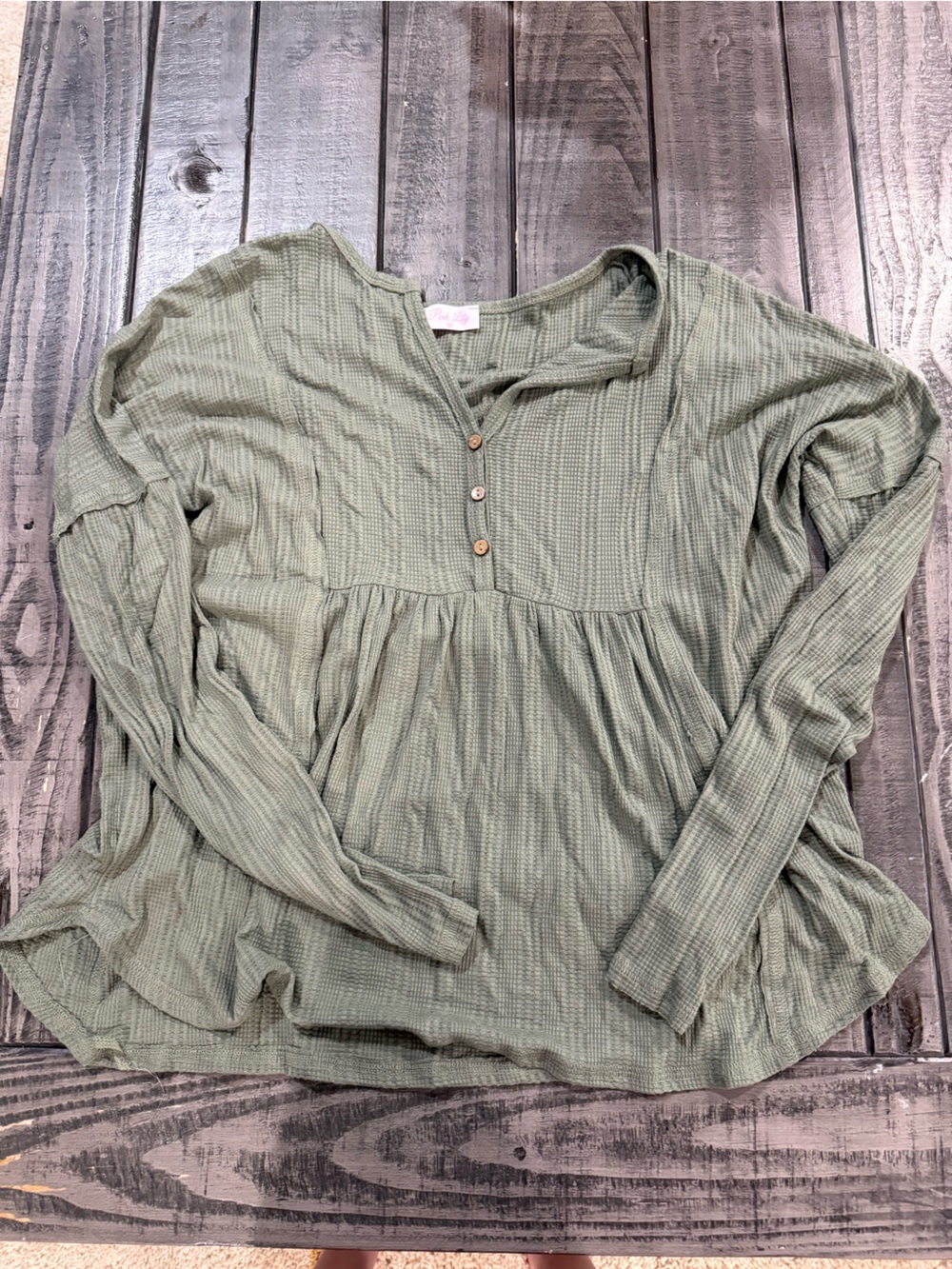 Pink Lily Waffle Knit Button-Front Long Sleeve Top - Olive Green